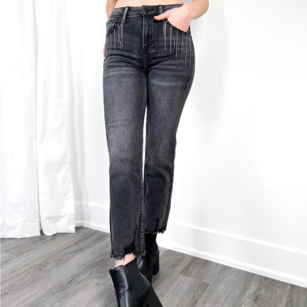 Risen High Rise Cropped Straight Leg Jeans with Embellishments - 2X - Dark Grey